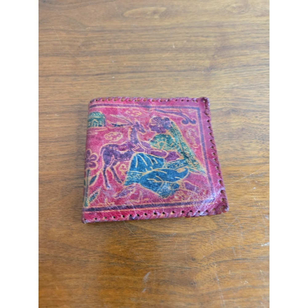 Vintage Handmade Ethnic Folk Art Leather Bifold Wallet Hand Sewn India Bohemian